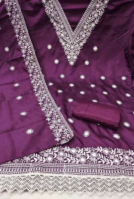 purple cotton blend embroidered unstitched dressmaterials 3 pair top bottom dupptaa 2