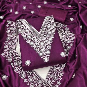 purple cotton blend embroidered unstitched dressmaterials 3 pair top bottom dupptaa 3