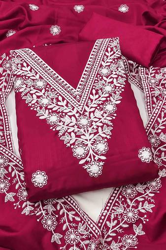 pink cotton blend embroidered unstitched dressmaterials 3 pair top bottom dupptaa