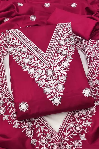pink cotton blend embroidered unstitched dressmaterials 3 pair top bottom dupptaa
