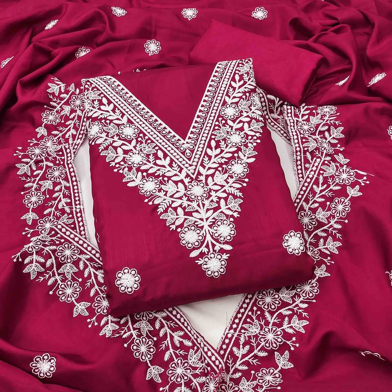 pink cotton blend embroidered unstitched dressmaterials 3 pair top bottom dupptaa