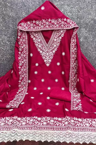 pink cotton blend embroidered unstitched dressmaterials 3 pair top bottom dupptaa