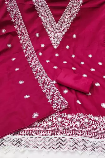 pink cotton blend embroidered unstitched dressmaterials 3 pair top bottom dupptaa