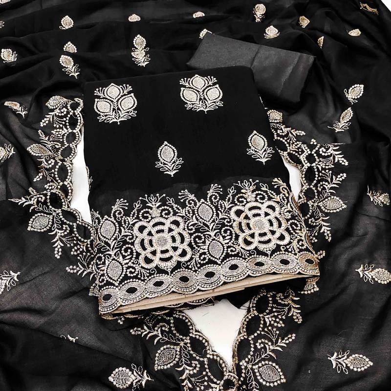 black silk blend embroidered unstitched dressmaterials 3 pair top bottom dupptaa