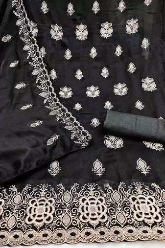black silk blend embroidered unstitched dressmaterials 3 pair top bottom dupptaa