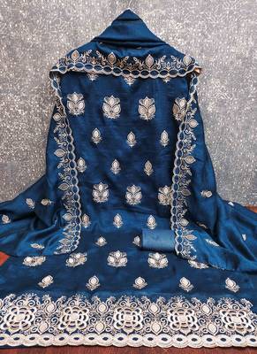blue silk blend embroidered unstitched dressmaterials 3 pair top bottom dupptaa 3