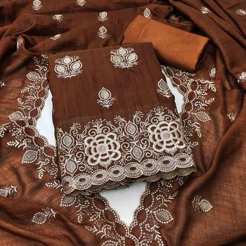 brown silk blend embroidered unstitched dressmaterials 3 pair top bottom dupptaa 1