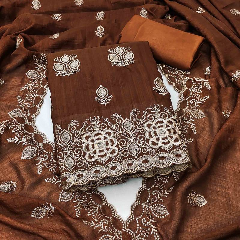 brown silk blend embroidered unstitched dressmaterials 3 pair top bottom dupptaa