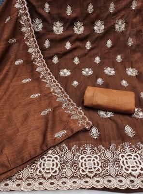 brown silk blend embroidered unstitched dressmaterials 3 pair top bottom dupptaa 2