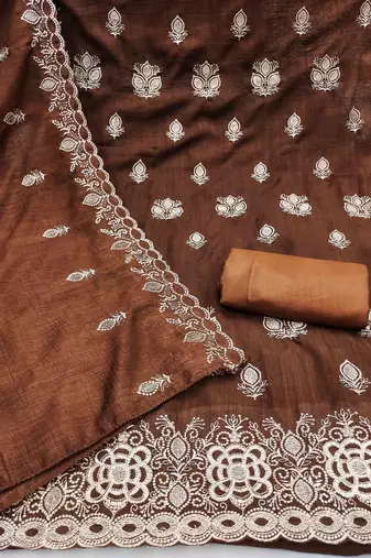 brown silk blend embroidered unstitched dressmaterials 3 pair top bottom dupptaa