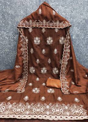 brown silk blend embroidered unstitched dressmaterials 3 pair top bottom dupptaa 3
