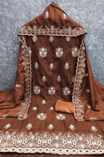 brown silk blend embroidered unstitched dressmaterials 3 pair top bottom dupptaa