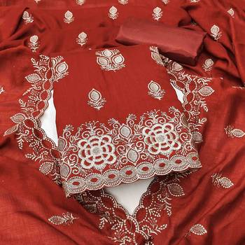 orange silk blend embroidered unstitched dressmaterials 3 pair top bottom dupptaa 1