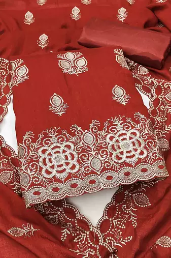 orange silk blend embroidered unstitched dressmaterials 3 pair top bottom dupptaa