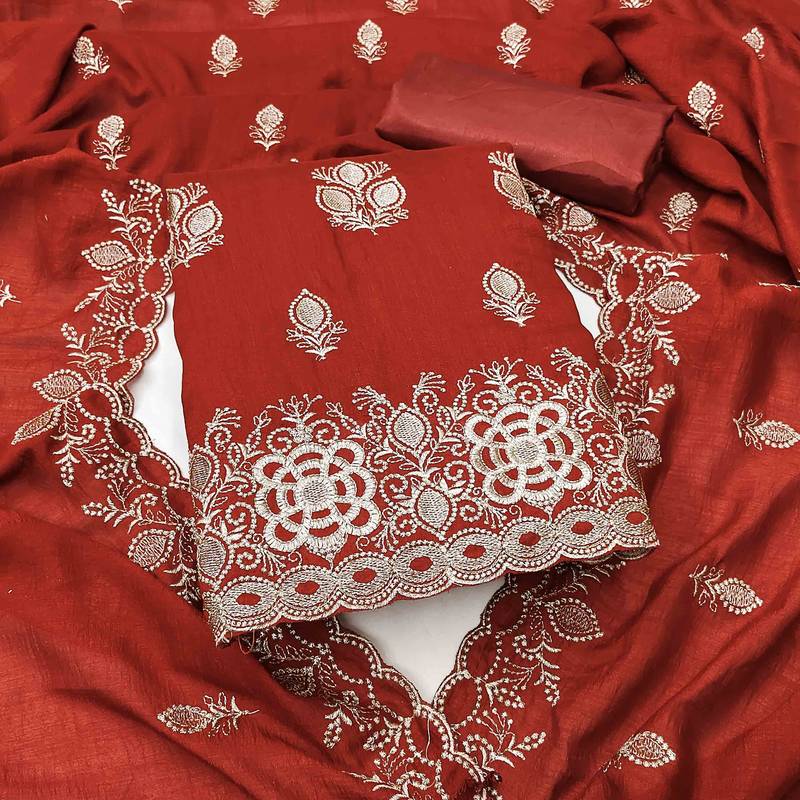 orange silk blend embroidered unstitched dressmaterials 3 pair top bottom dupptaa