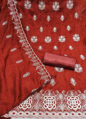 orange silk blend embroidered unstitched dressmaterials 3 pair top bottom dupptaa 2