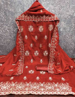 orange silk blend embroidered unstitched dressmaterials 3 pair top bottom dupptaa 3