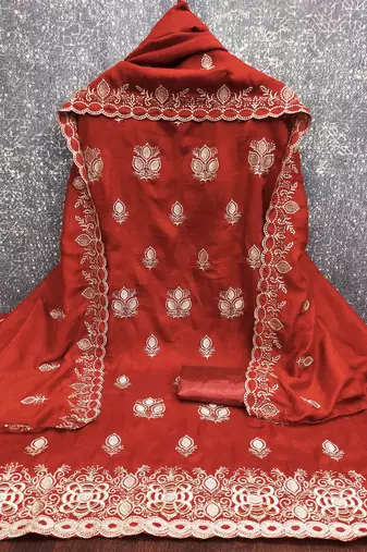 orange silk blend embroidered unstitched dressmaterials 3 pair top bottom dupptaa