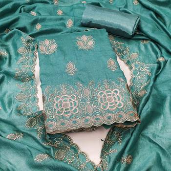 teal silk blend embroidered unstitched dressmaterials 3 pair top bottom dupptaa 1