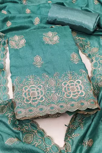 teal silk blend embroidered unstitched dressmaterials 3 pair top bottom dupptaa