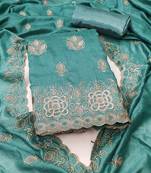 teal silk blend embroidered unstitched dressmaterials 3 pair top bottom dupptaa