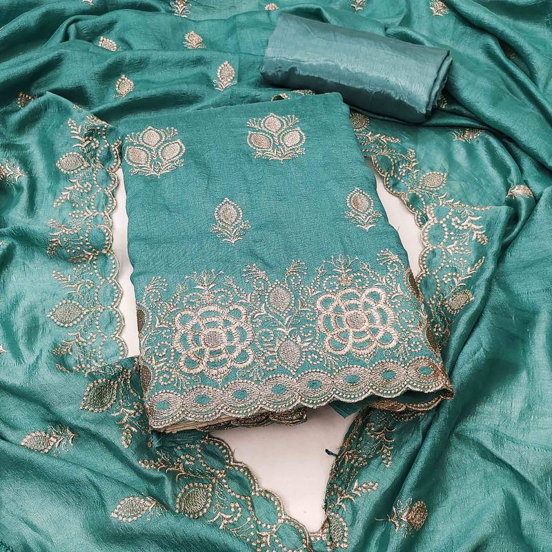 teal silk blend embroidered unstitched dressmaterials 3 pair top bottom dupptaa