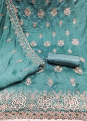 teal silk blend embroidered unstitched dressmaterials 3 pair top bottom dupptaa 2