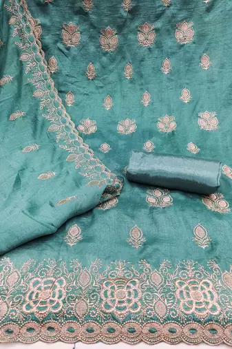teal silk blend embroidered unstitched dressmaterials 3 pair top bottom dupptaa