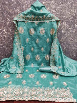 teal silk blend embroidered unstitched dressmaterials 3 pair top bottom dupptaa 3
