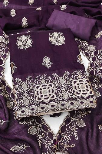 wine silk blend embroidered unstitched dressmaterials 3 pair top bottom dupptaa