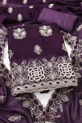 wine silk blend embroidered unstitched dressmaterials 3 pair top bottom dupptaa