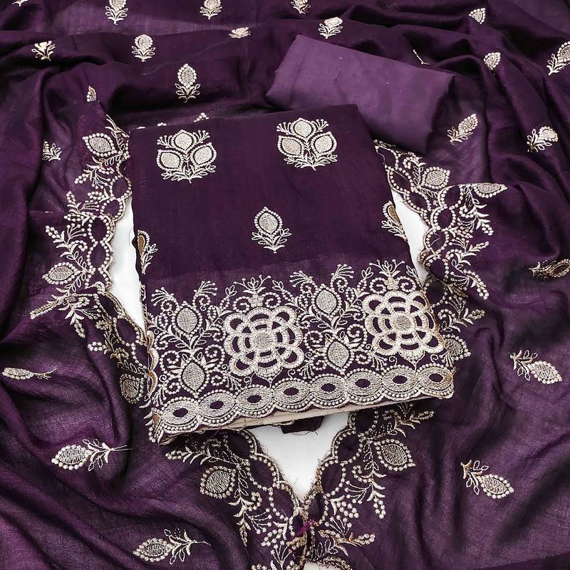 wine silk blend embroidered unstitched dressmaterials 3 pair top bottom dupptaa