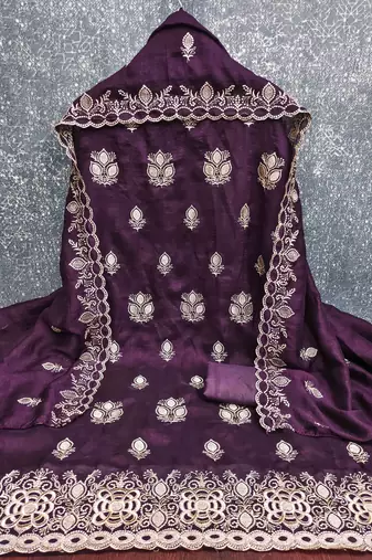 wine silk blend embroidered unstitched dressmaterials 3 pair top bottom dupptaa