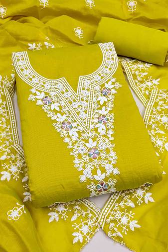 green chanderi embroidered unstitched dress materials 3 pair top bottom dupatta