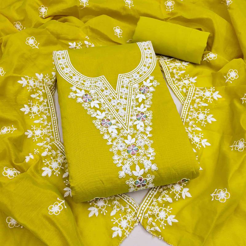 green chanderi embroidered unstitched dress materials 3 pair top bottom dupatta