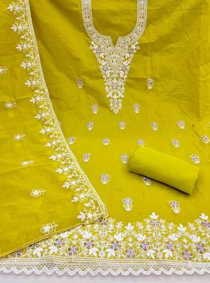 green chanderi embroidered unstitched dress materials 3 pair top bottom dupatta 2