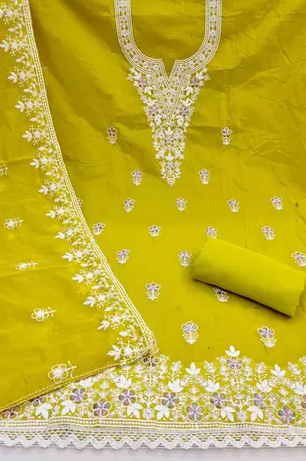 green chanderi embroidered unstitched dress materials 3 pair top bottom dupatta