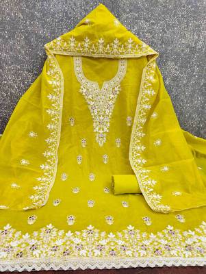 green chanderi embroidered unstitched dress materials 3 pair top bottom dupatta 3