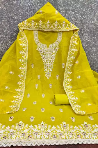 green chanderi embroidered unstitched dress materials 3 pair top bottom dupatta