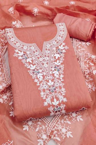peach chanderi embroidered unstitched dress materials 3 pair top bottom dupatta