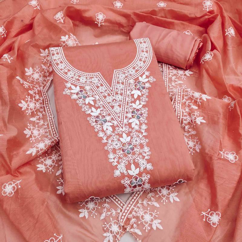 peach chanderi embroidered unstitched dress materials 3 pair top bottom dupatta