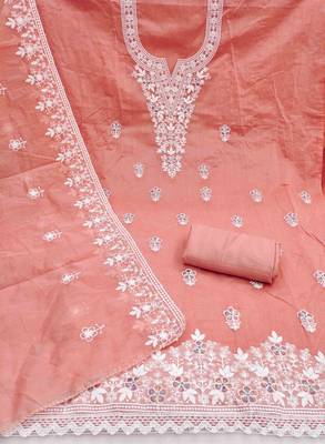 peach chanderi embroidered unstitched dress materials 3 pair top bottom dupatta 2