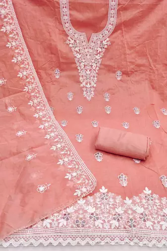 peach chanderi embroidered unstitched dress materials 3 pair top bottom dupatta