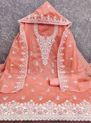 peach chanderi embroidered unstitched dress materials 3 pair top bottom dupatta 3