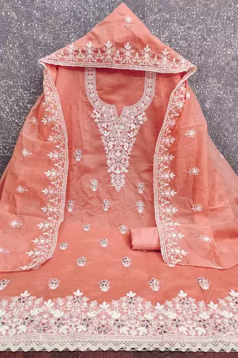 peach chanderi embroidered unstitched dress materials 3 pair top bottom dupatta