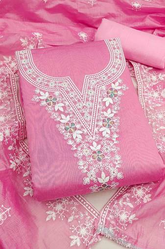 pink chanderi embroidered unstitched dress materials 3 pair top bottom dupatta