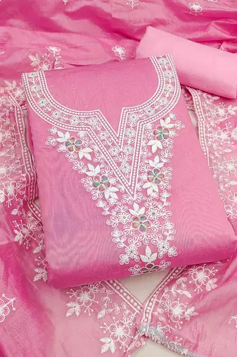 pink chanderi embroidered unstitched dress materials 3 pair top bottom dupatta