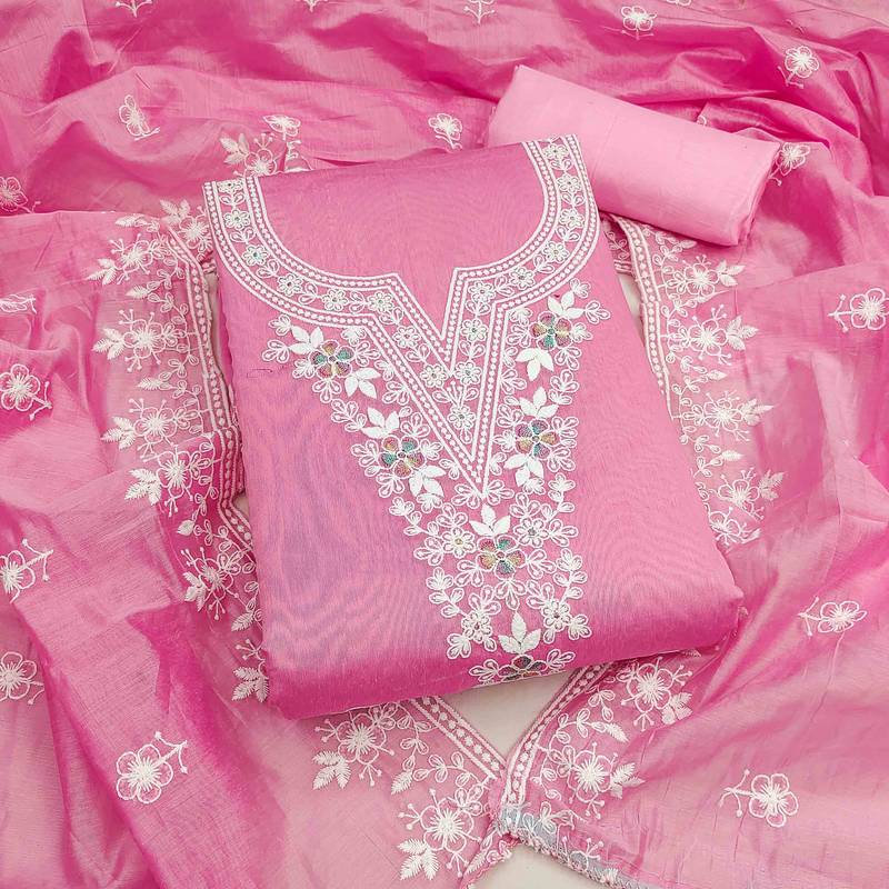 pink chanderi embroidered unstitched dress materials 3 pair top bottom dupatta