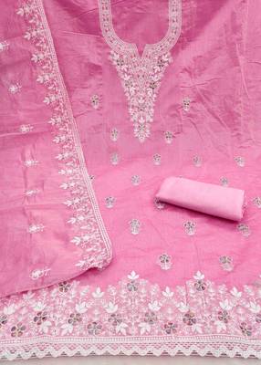 pink chanderi embroidered unstitched dress materials 3 pair top bottom dupatta 2