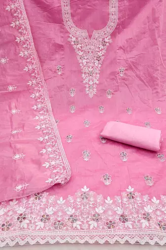 pink chanderi embroidered unstitched dress materials 3 pair top bottom dupatta